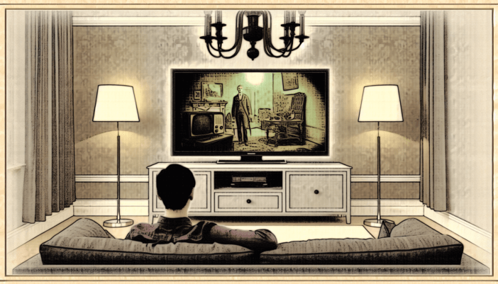 Craft a detailed, high-quality image in the style of a Victorian lithograph, illustrating a modern person watching broadcast television in a modern living room