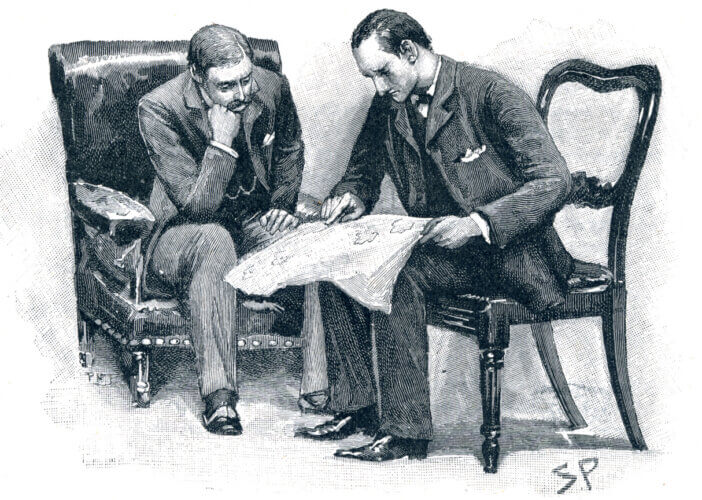 Sherlock Holmes and Dr Watson discussing clue while seated