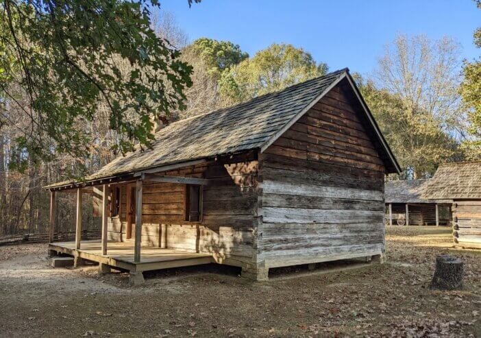 Beautifully reconstructed Cherokee cabin at New Echota State Historic Site