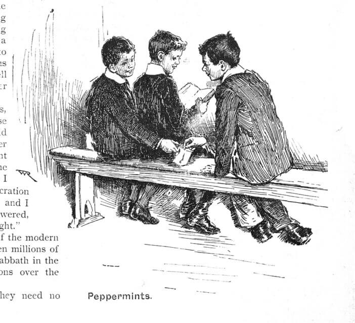 A 19th century illustration of three young boys in their best clothes sat on a wooden bench at Sunday School. Entitled 'Peppermints' because they are sharing a bag of mints. From an article entitled 'Sunday Schools of Today' from 'The Family Friend' of 1893.